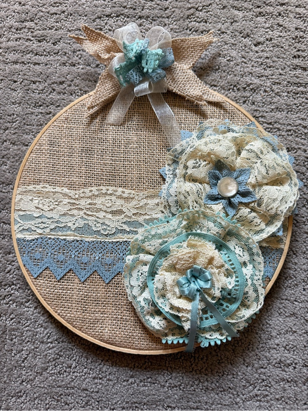 Handmade Burlap and Lace Wall Art - Cream, Blue, and Sage Floral Hoop